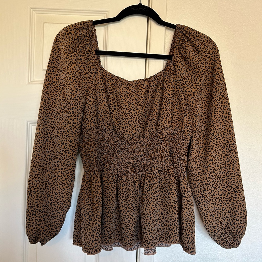 SHEIN Brown and Black Smocked Peplum Blouse